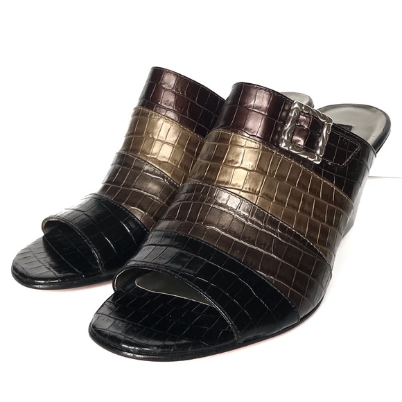 BRIGHTON Robin Striped Wedge Croc Mules 9 Black - Picture 2 of 11